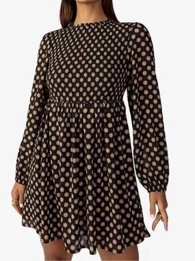 Sanctuary Smocked Black babydoll Dress with Beige and tan Floral Print